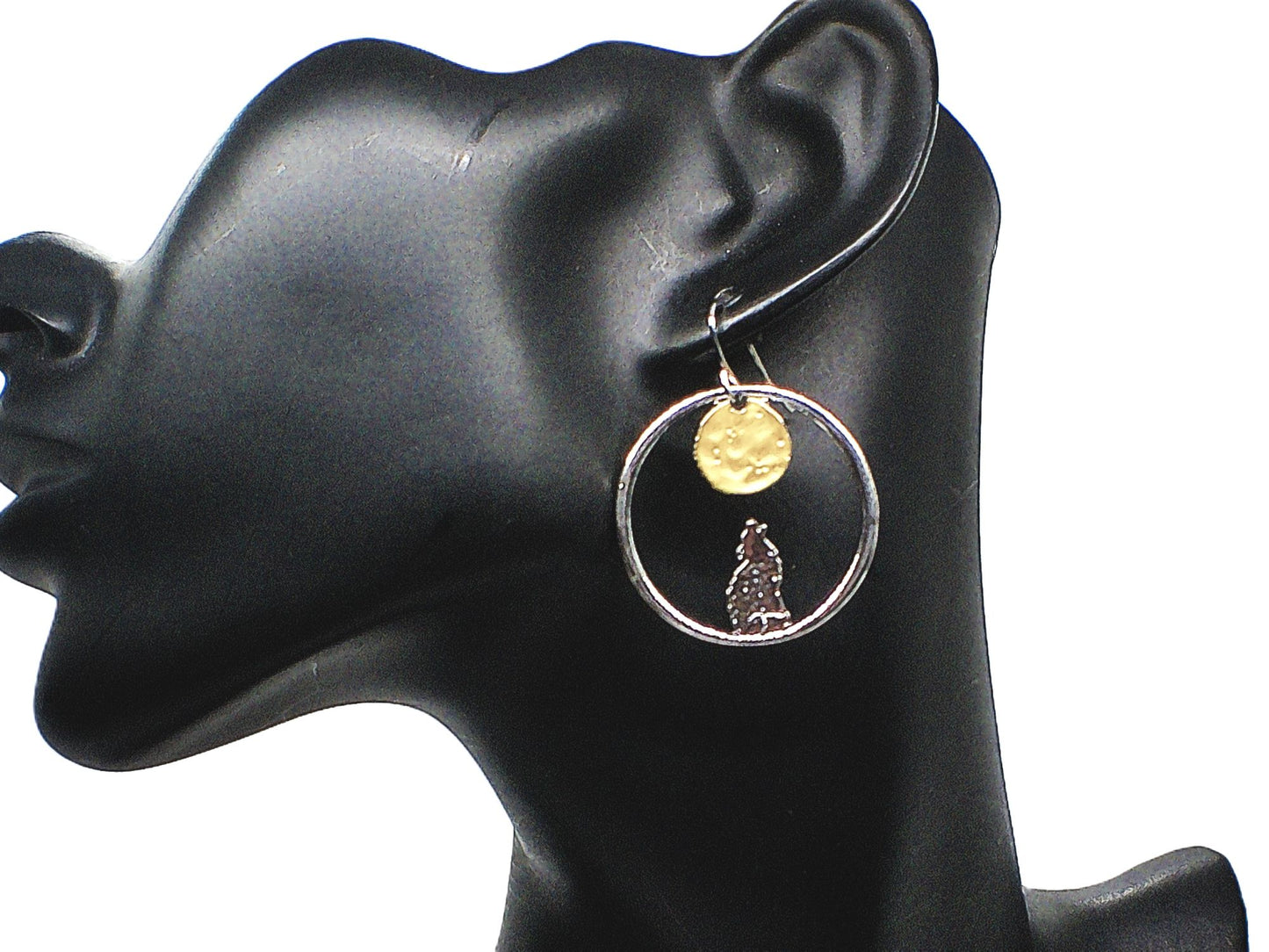 Retro Moon and Wolf Hoop Earrings