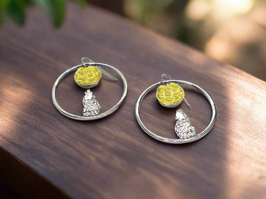 Retro Moon and Wolf Hoop Earrings