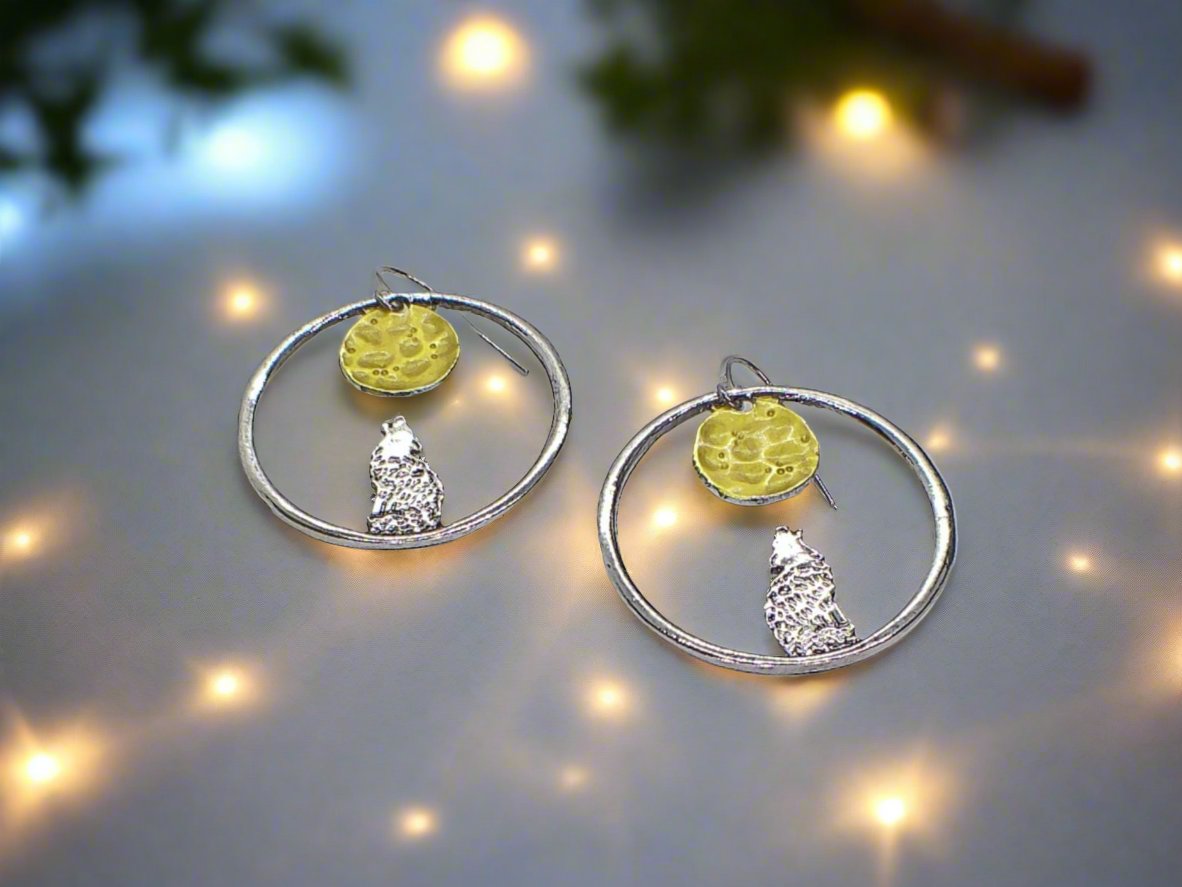 Retro Moon and Wolf Hoop Earrings