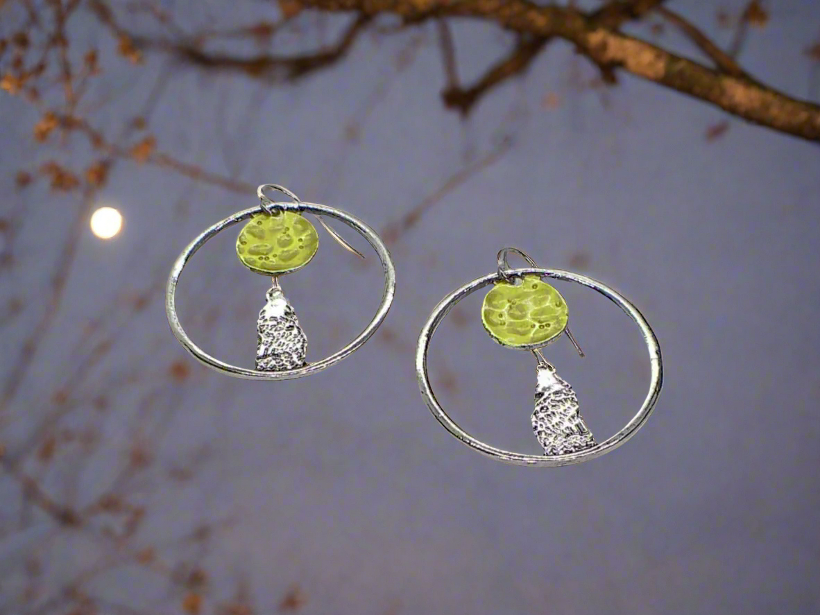 Retro Moon and Wolf Hoop Earrings