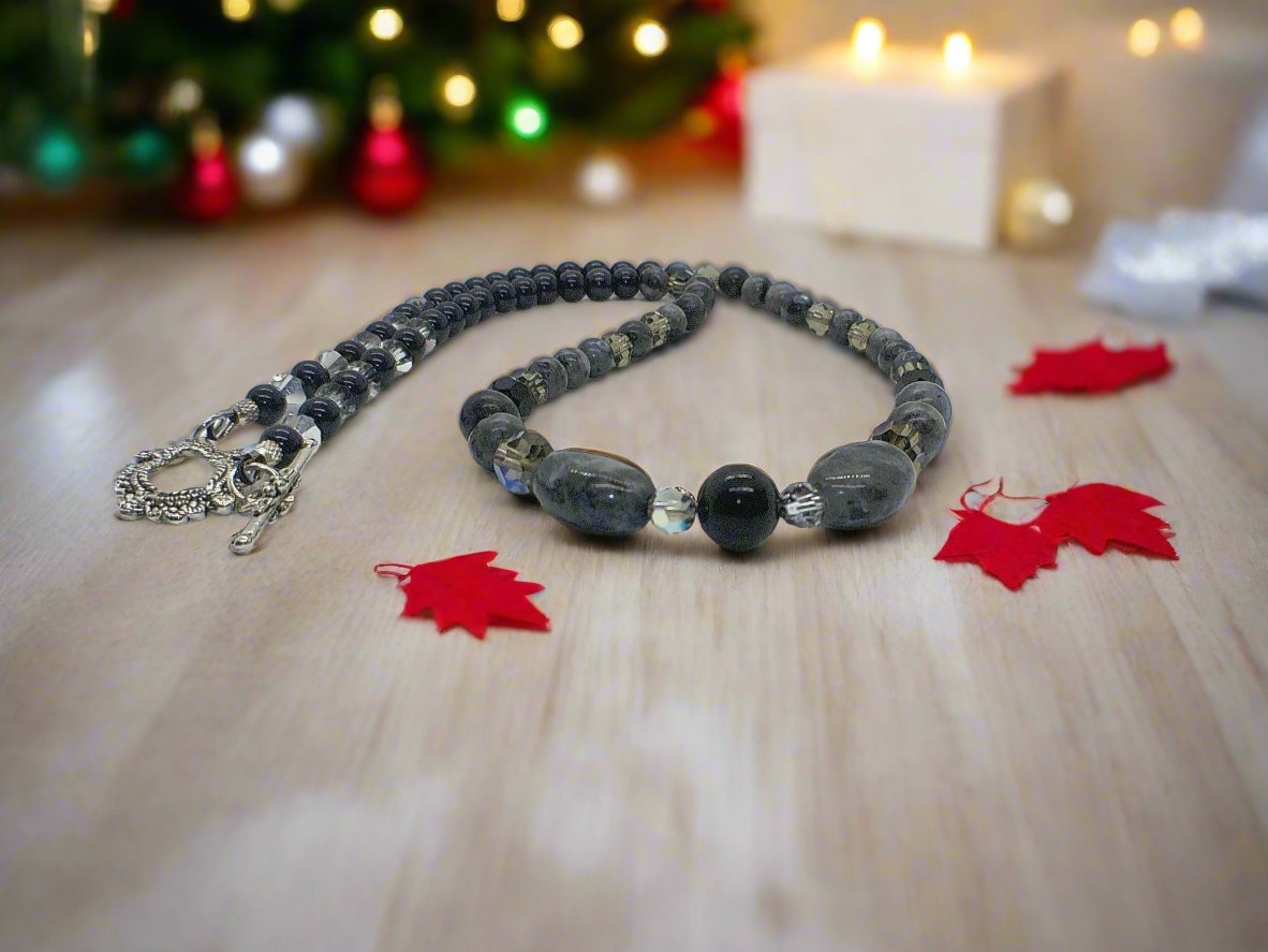 Fabulous Black & Gray Labrador, Black Onyx and Black Diamond Crystals, Semi-precious, Beaded Necklace B-handcrafted by Artistry Jewelry