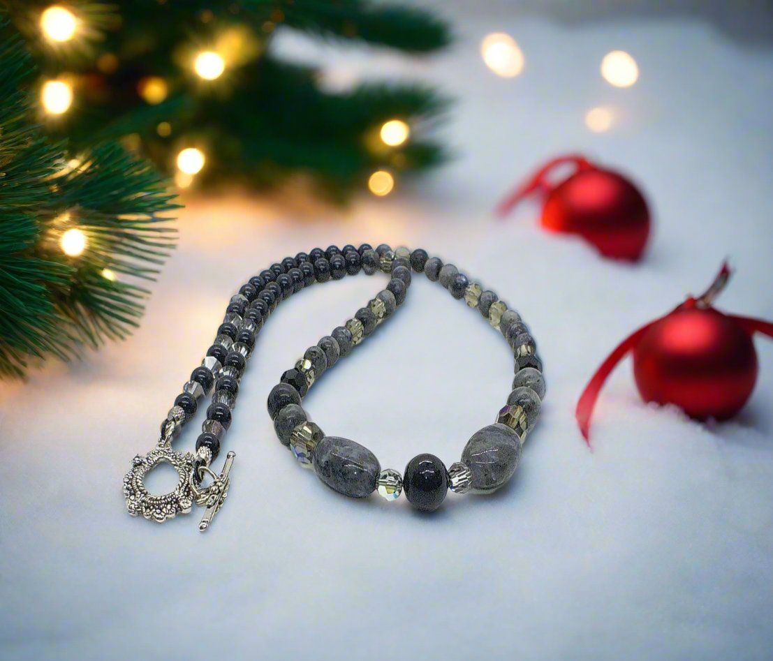 Fabulous Black & Gray Labrador, Black Onyx and Black Diamond Crystals, Semi-precious, Beaded Necklace B-handcrafted by Artistry Jewelry