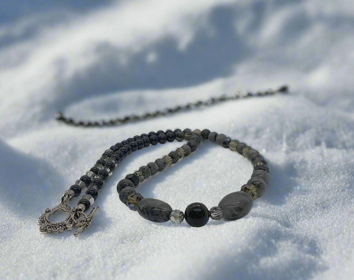 Fabulous Black & Gray Labrador, Black Onyx and Black Diamond Crystals, Semi-precious, Beaded Necklace B-handcrafted by Artistry Jewelry