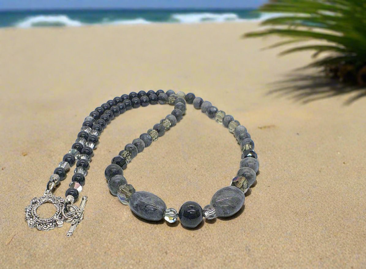 Fabulous Black & Gray Labrador, Black Onyx and Black Diamond Crystals, Semi-precious, Beaded Necklace B-handcrafted by Artistry Jewelry