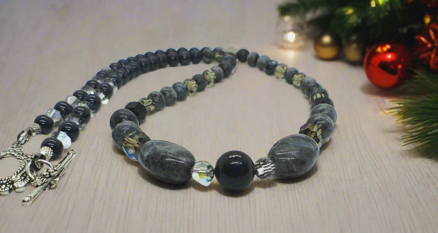 Fabulous Black & Gray Labrador, Black Onyx and Black Diamond Crystals, Semi-precious, Beaded Necklace B-handcrafted by Artistry Jewelry