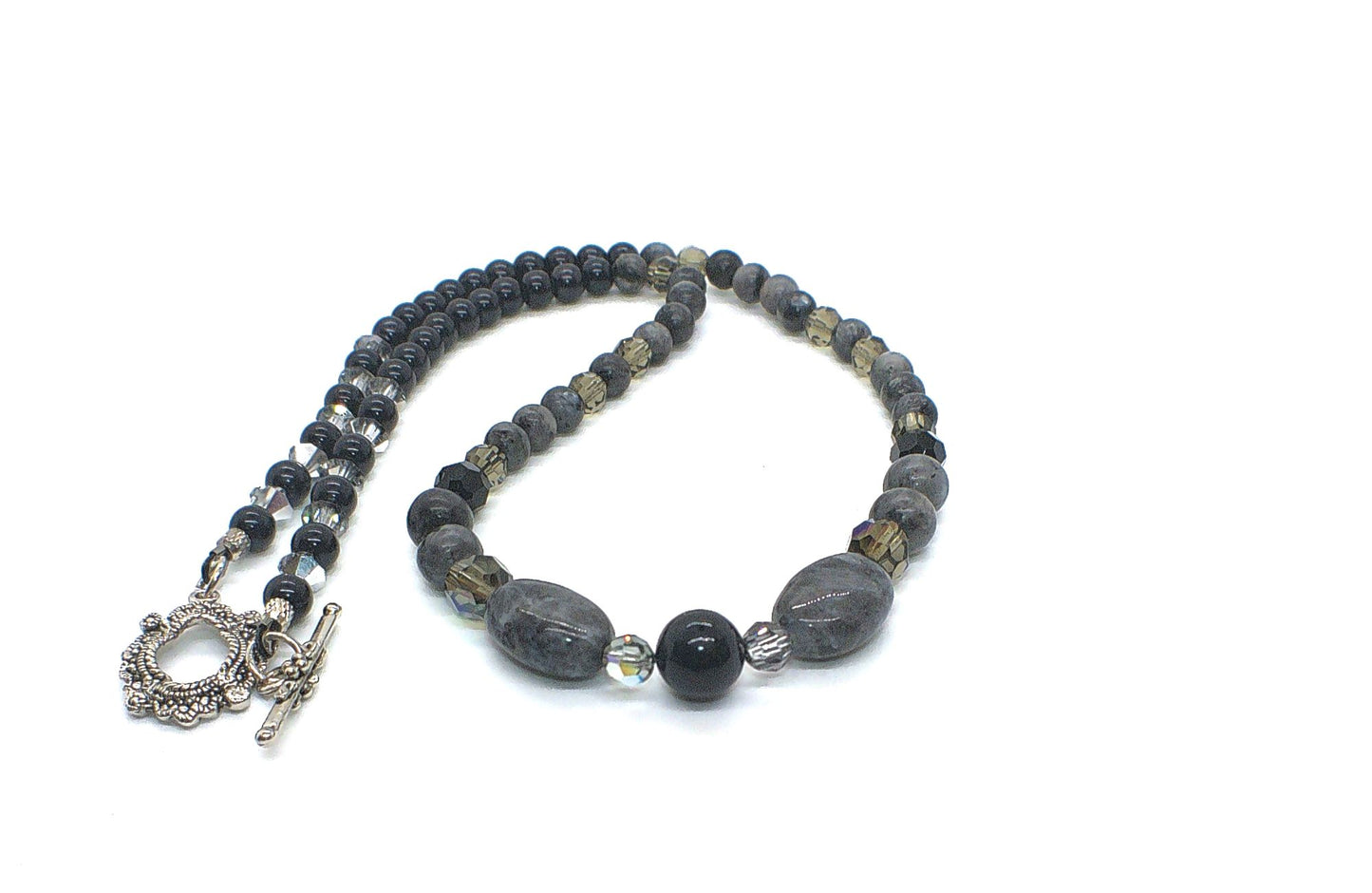 Fabulous Black & Gray Labrador, Black Onyx and Black Diamond Crystals, Semi-precious, Beaded Necklace B-handcrafted by Artistry Jewelry