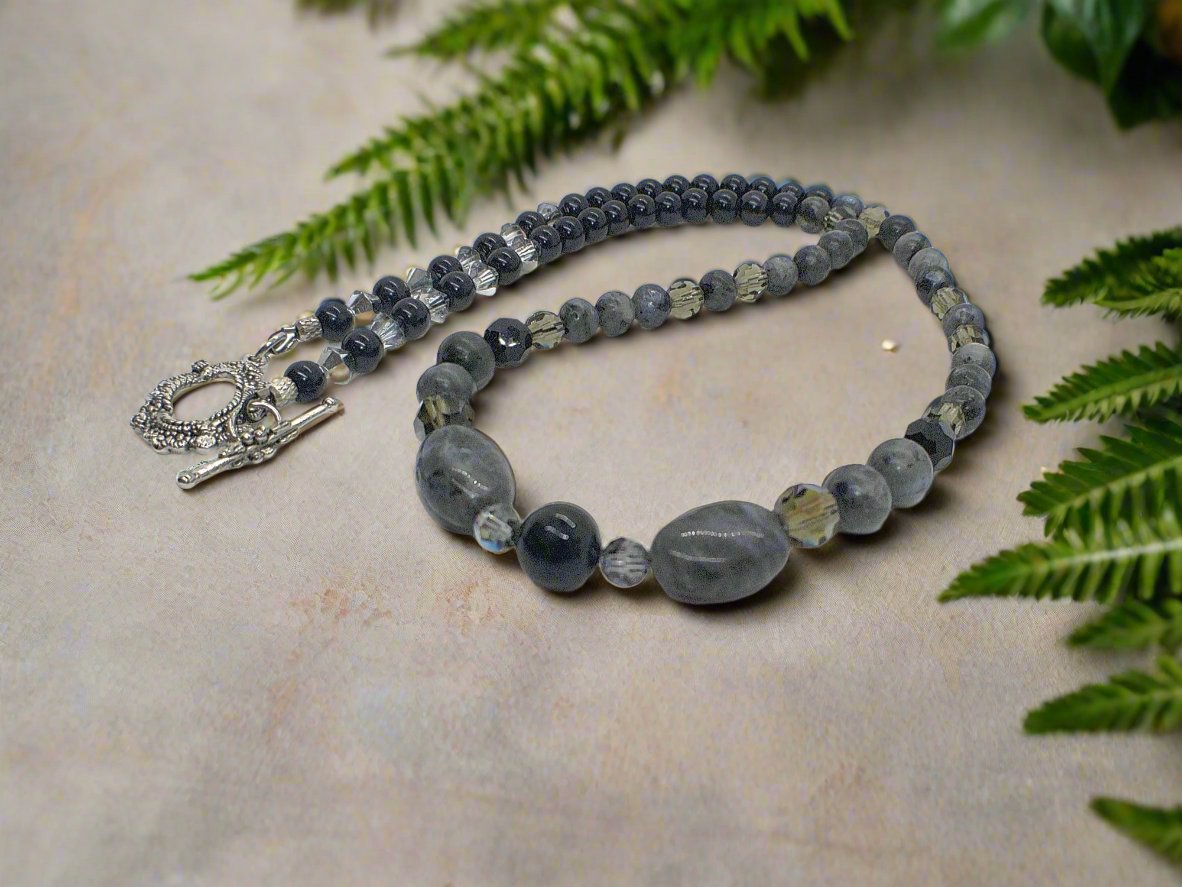 Fabulous Black & Gray Labrador, Black Onyx and Black Diamond Crystals, Semi-precious, Beaded Necklace B-handcrafted by Artistry Jewelry