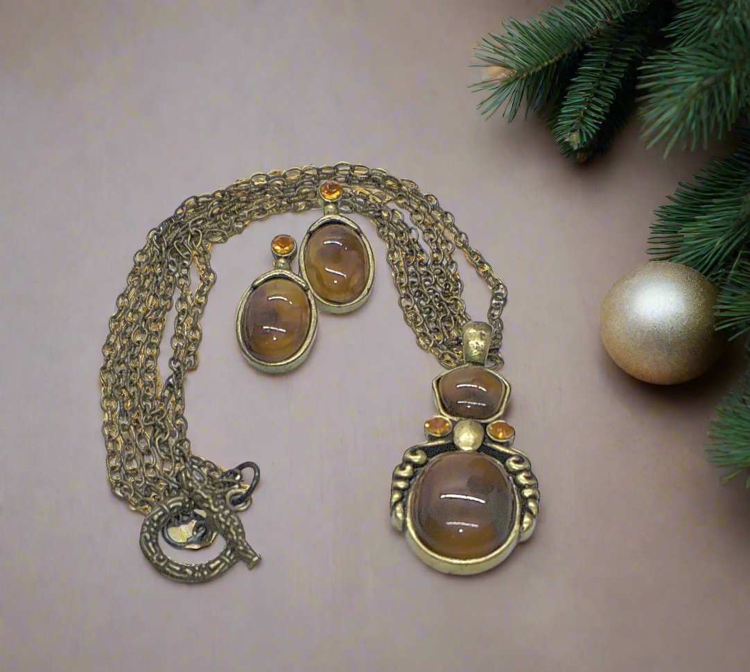 Marvelous Antique Brown and Orange Pendant, Steel Chain Necklace Set, One-of-a-Kind-by Artistry Jewelry