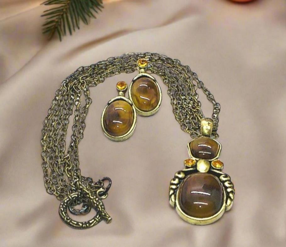 Marvelous Antique Brown and Orange Pendant, Steel Chain Necklace Set, One-of-a-Kind-by Artistry Jewelry