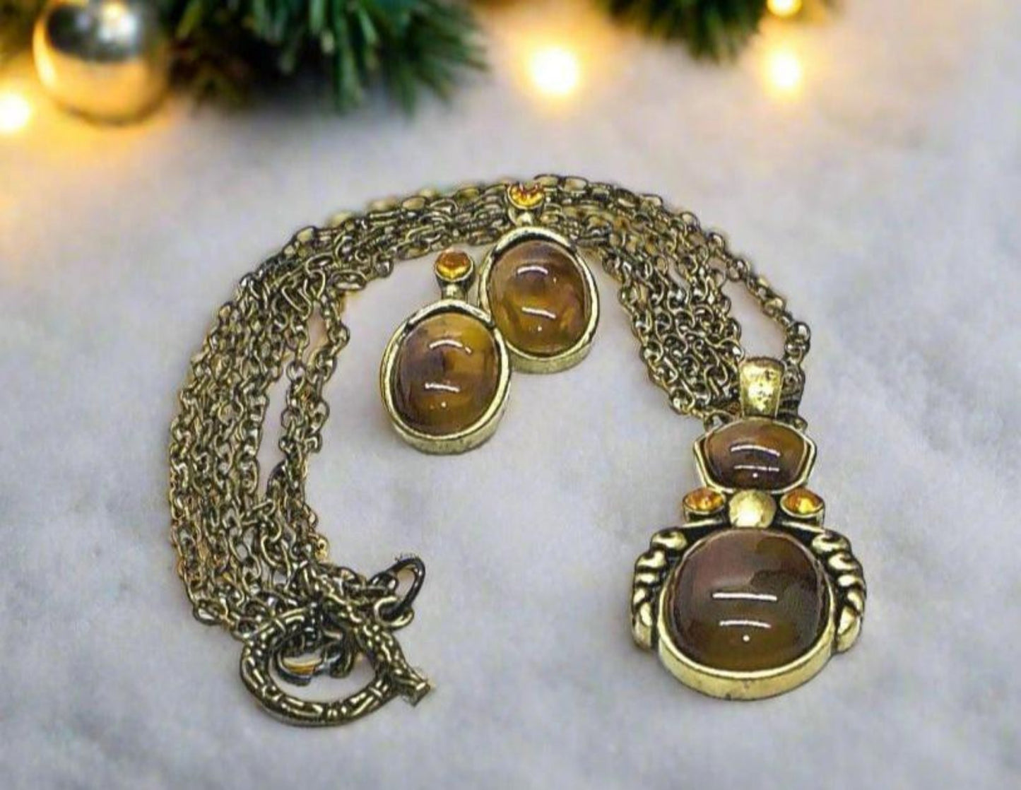 Marvelous Antique Brown and Orange Pendant, Steel Chain Necklace Set, One-of-a-Kind-by Artistry Jewelry