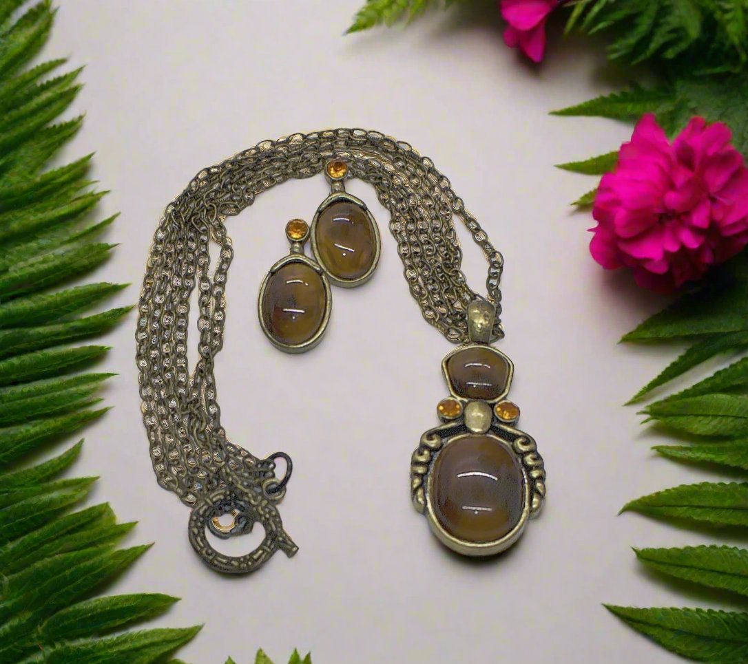 Marvelous Antique Brown and Orange Pendant, Steel Chain Necklace Set, One-of-a-Kind-by Artistry Jewelry