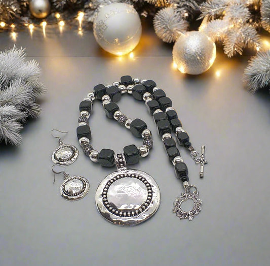 Stunning Silver & Black Pendant, Blackstone cubes and Czech Crystals, Beaded Necklace Set-crafted by Artistry Jewelry