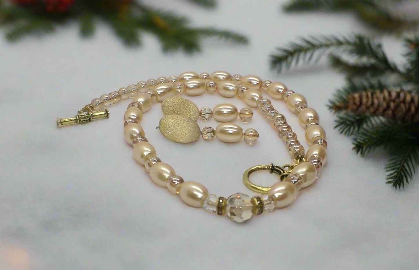 Sweet Golden Shadow Crystals and Colorado Czech rondelles, Light Peach/Champagne Beaded Necklace Set-crafted by Artistry Jewelry