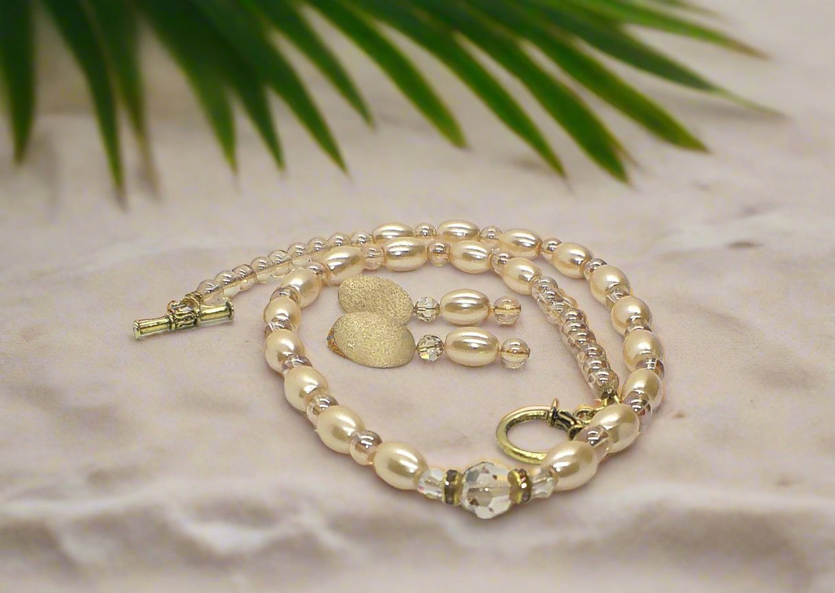 Sweet Golden Shadow Crystals and Colorado Czech rondelles, Light Peach/Champagne Beaded Necklace Set-crafted by Artistry Jewelry