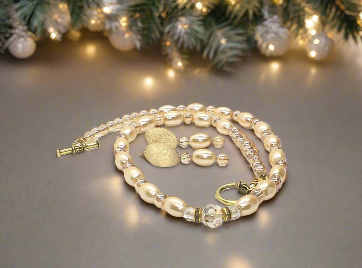 Sweet Golden Shadow Crystals and Colorado Czech rondelles, Light Peach/Champagne Beaded Necklace Set-crafted by Artistry Jewelry