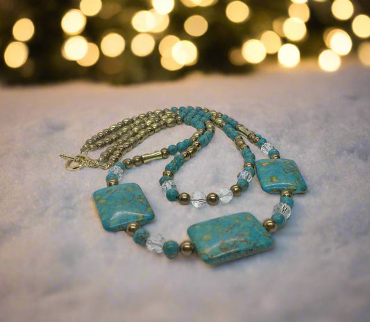 Lovely Blue Mosaic Turquoise, and Austrian Crystal, Two-strand, Forever Beaded Necklace-crafted by Artistry Jewelry