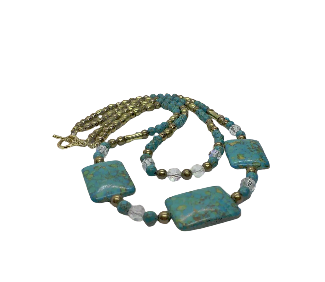 Lovely Blue Mosaic Turquoise, and Austrian Crystal, Two-strand, Forever Beaded Necklace-crafted by Artistry Jewelry