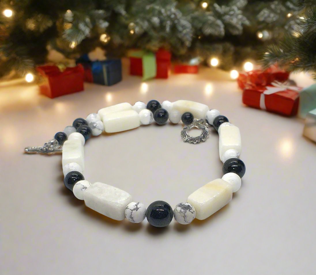 Lovely Natural Snow Quartz, Black Onyx, Howlite and Mountain Jade, Semi-precious, One-of-a -kind, Beaded Necklace A-crafted by Artistry Jewelry