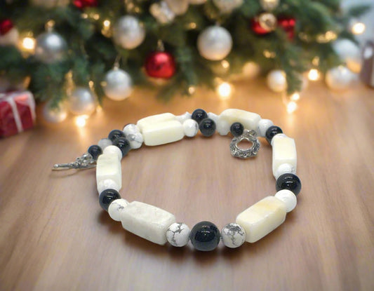 Lovely Natural Snow Quartz, Black Onyx, Howlite and Mountain Jade, Semi-precious, One-of-a -kind, Beaded Necklace A-crafted by Artistry Jewelry