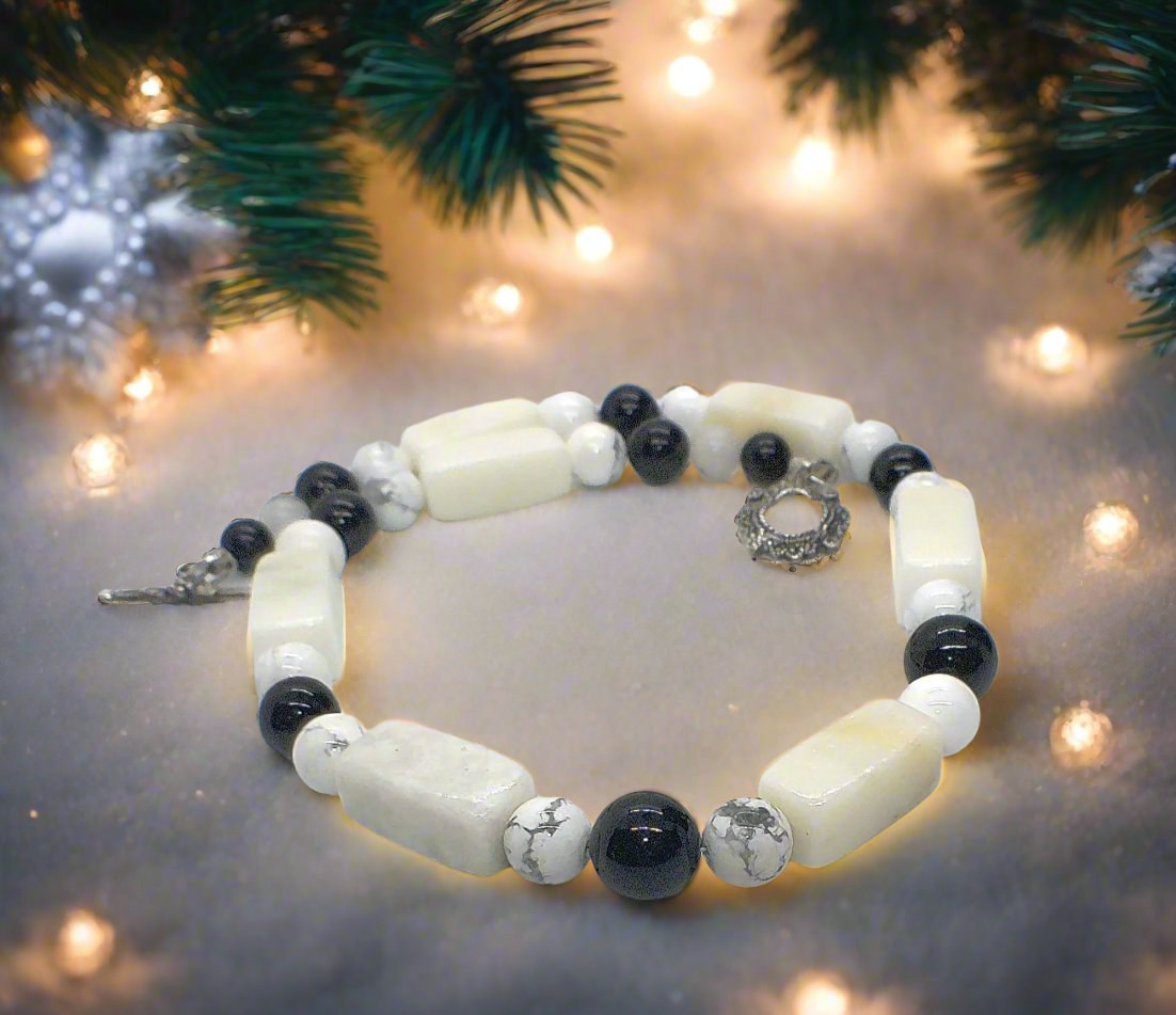 Lovely Natural Snow Quartz, Black Onyx, Howlite and Mountain Jade, Semi-precious, One-of-a -kind, Beaded Necklace A-crafted by Artistry Jewelry