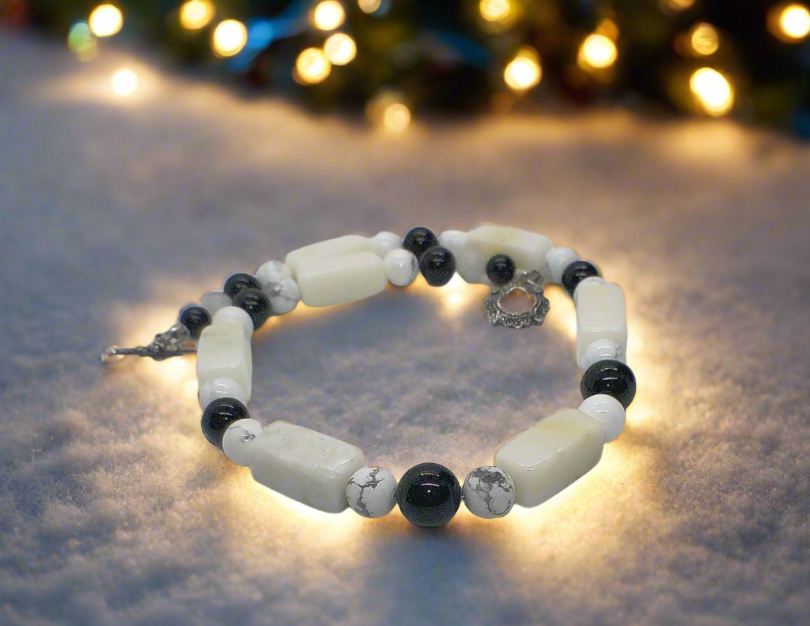 Lovely Natural Snow Quartz, Black Onyx, Howlite and Mountain Jade, Semi-precious, One-of-a -kind, Beaded Necklace A-crafted by Artistry Jewelry