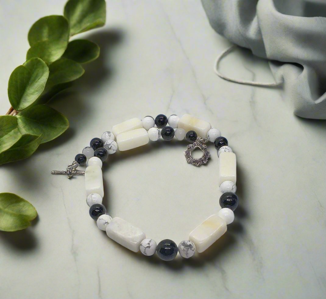 Lovely Natural Snow Quartz, Black Onyx, Howlite and Mountain Jade, Semi-precious, One-of-a -kind, Beaded Necklace A-crafted by Artistry Jewelry