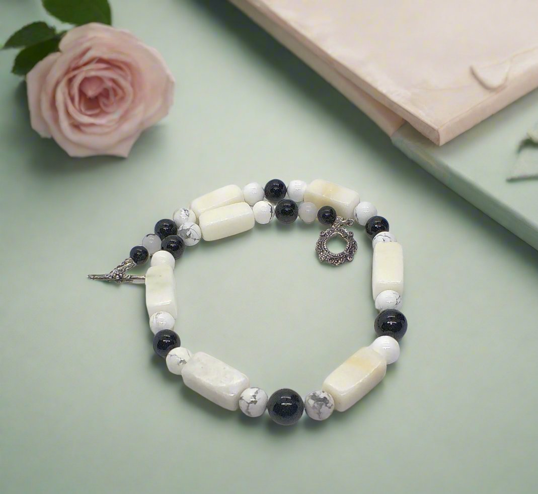 Lovely Natural Snow Quartz, Black Onyx, Howlite and Mountain Jade, Semi-precious, One-of-a -kind, Beaded Necklace A-crafted by Artistry Jewelry