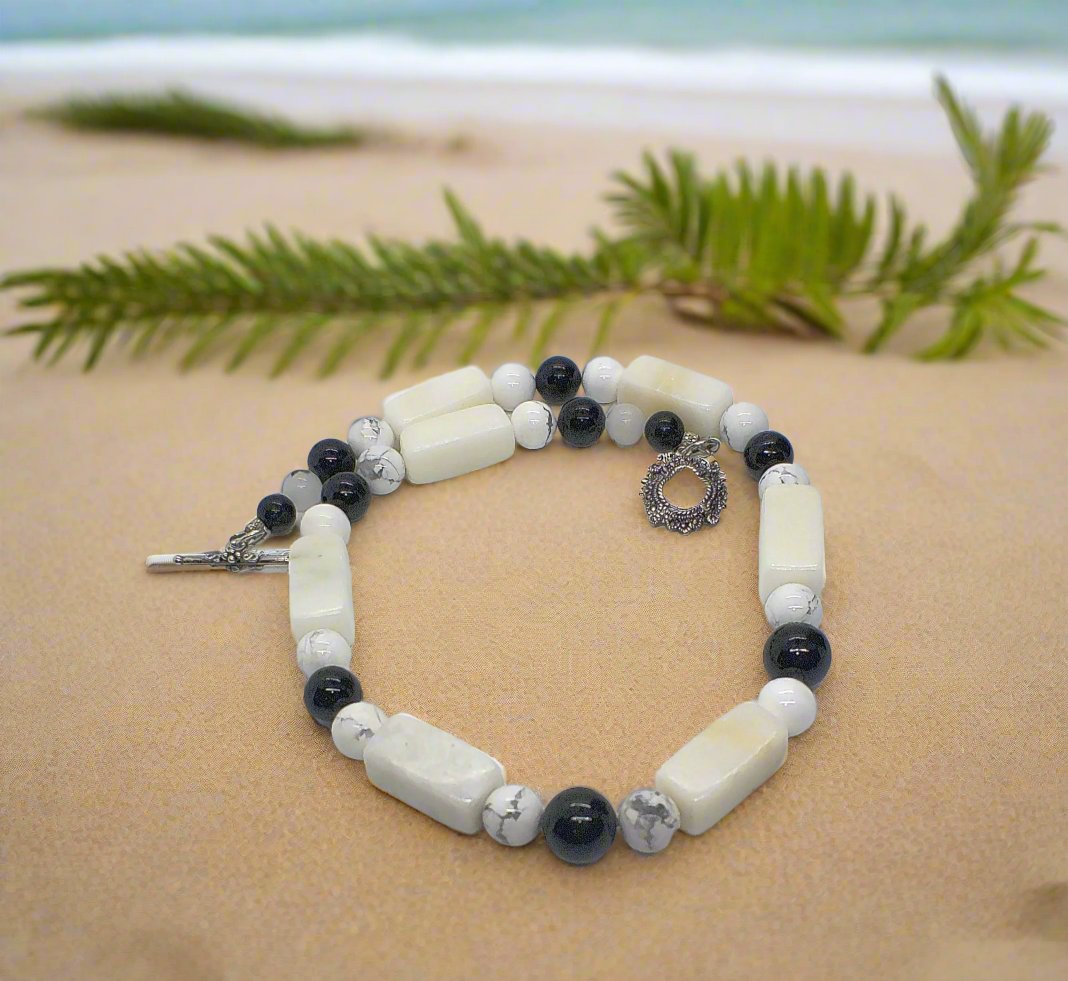 Lovely Natural Snow Quartz, Black Onyx, Howlite and Mountain Jade, Semi-precious, One-of-a -kind, Beaded Necklace A-crafted by Artistry Jewelry