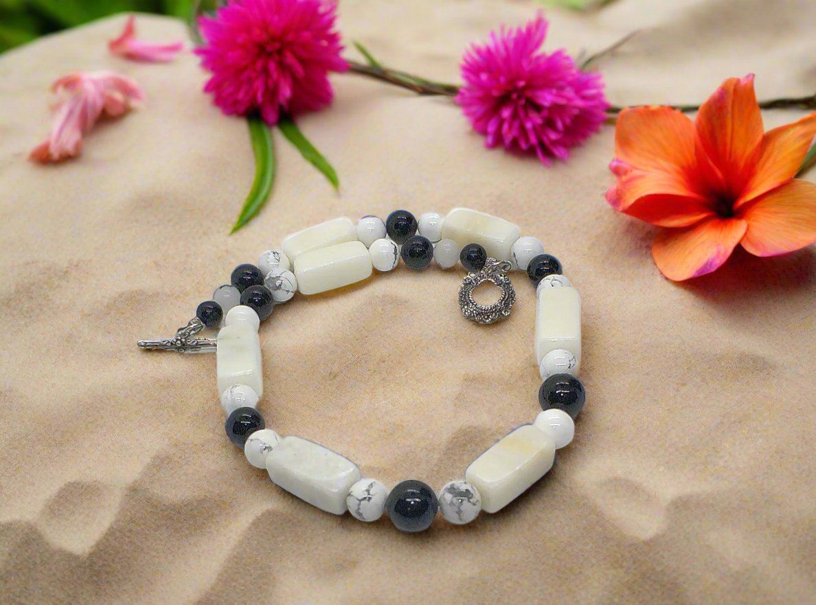 Lovely Natural Snow Quartz, Black Onyx, Howlite and Mountain Jade, Semi-precious, One-of-a -kind, Beaded Necklace A-crafted by Artistry Jewelry