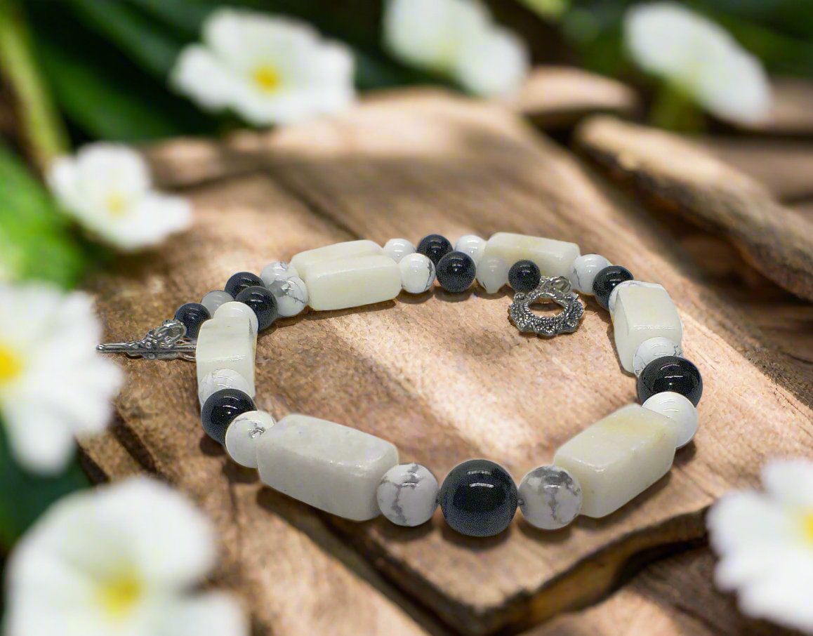 Lovely Natural Snow Quartz, Black Onyx, Howlite and Mountain Jade, Semi-precious, One-of-a -kind, Beaded Necklace A-crafted by Artistry Jewelry