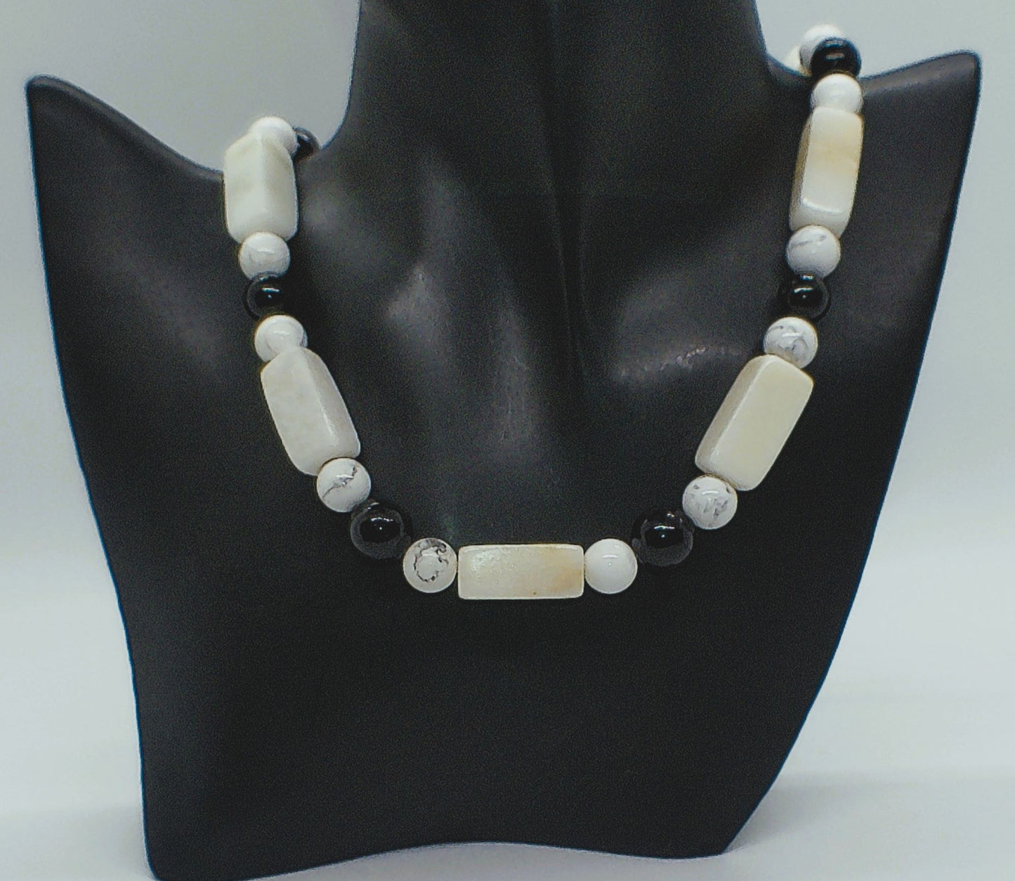 Lovely Natural Snow Quartz, Black Onyx, Howlite and Mountain Jade, Semi-precious, One-of-a -kind, Beaded Necklace A-crafted by Artistry Jewelry