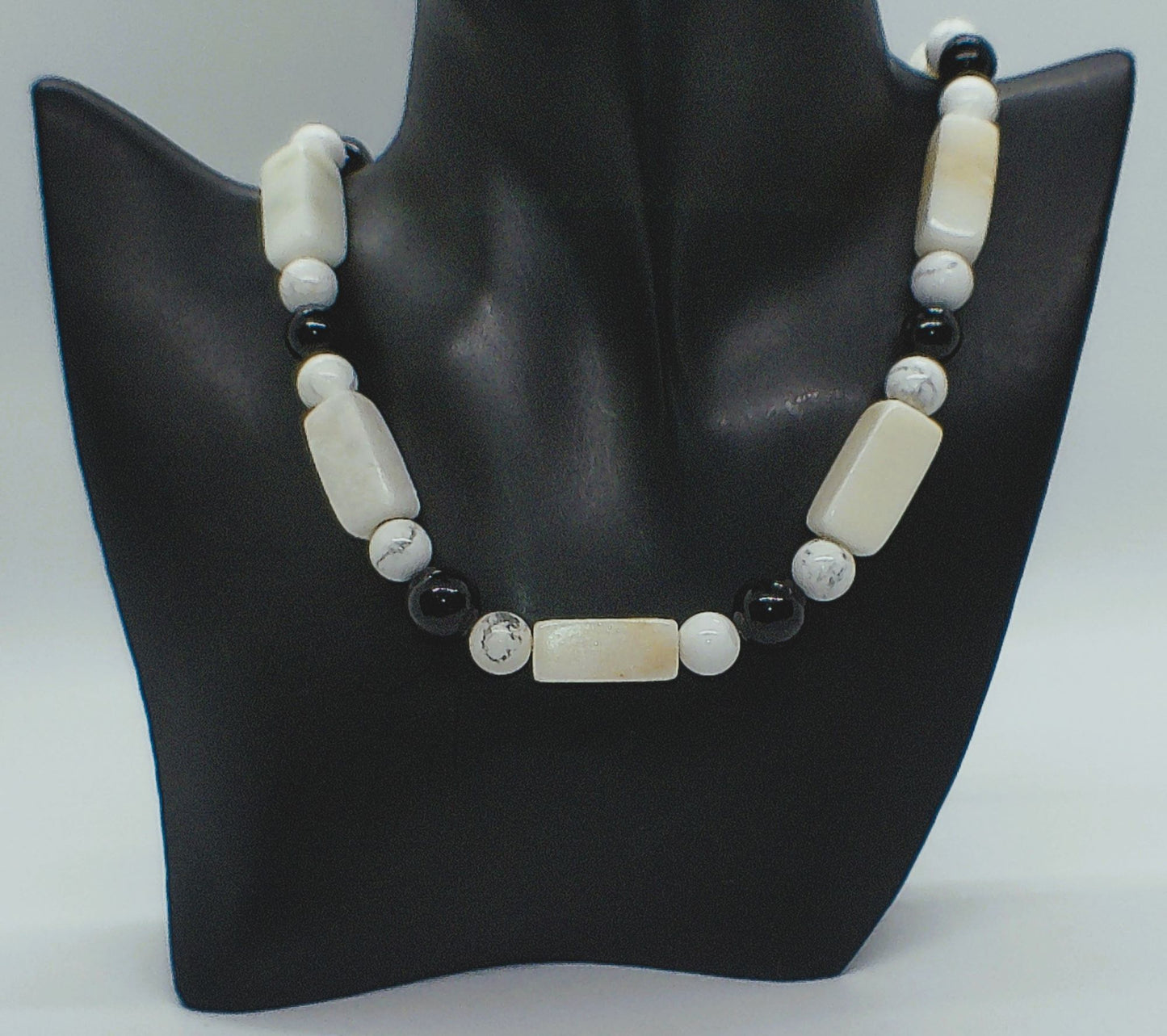 Lovely Natural Snow Quartz, Black Onyx, Howlite and Mountain Jade, Semi-precious, One-of-a -kind, Beaded Necklace A-crafted by Artistry Jewelry