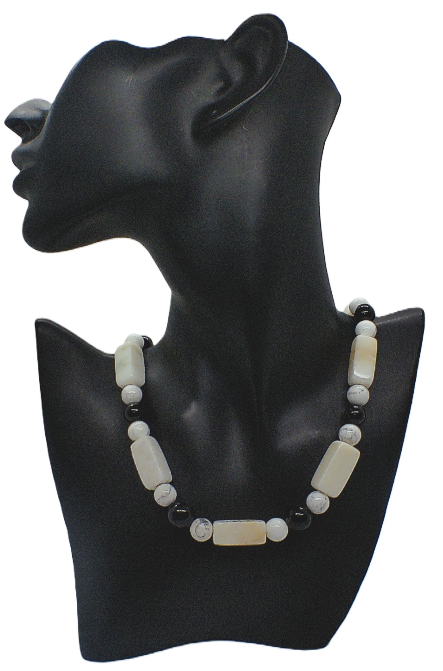 Lovely Natural Snow Quartz, Black Onyx, Howlite and Mountain Jade, Semi-precious, One-of-a -kind, Beaded Necklace A-crafted by Artistry Jewelry