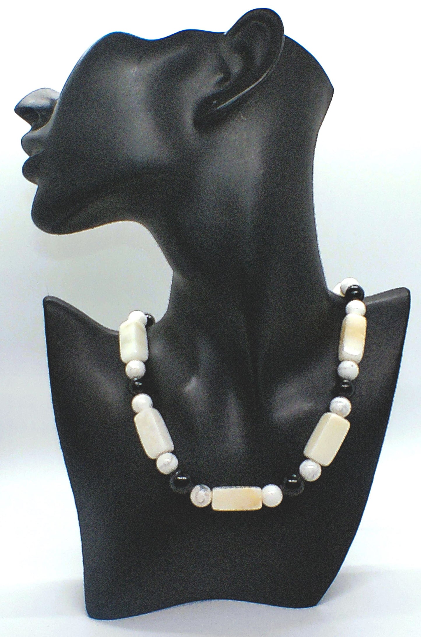 Lovely Natural Snow Quartz, Black Onyx, Howlite and Mountain Jade, Semi-precious, One-of-a -kind, Beaded Necklace A-crafted by Artistry Jewelry