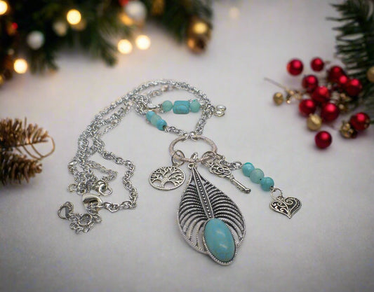 Stunning Turquoise Feather, Amazonite, Magnesite, and Tibetian Silver, Two-Strand, Chain Necklaces, One-of-a-Kind-crafted by Artistry Jewelry