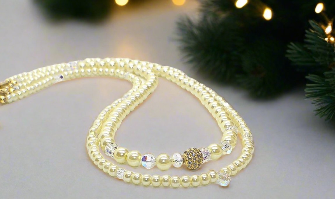 Gorgeous Yellow Pearl Beads,Briolette Crystals, and Cubic Zirconia, One-of-a-Kind Beaded Necklace-handcrafted by Artistry Jewelry