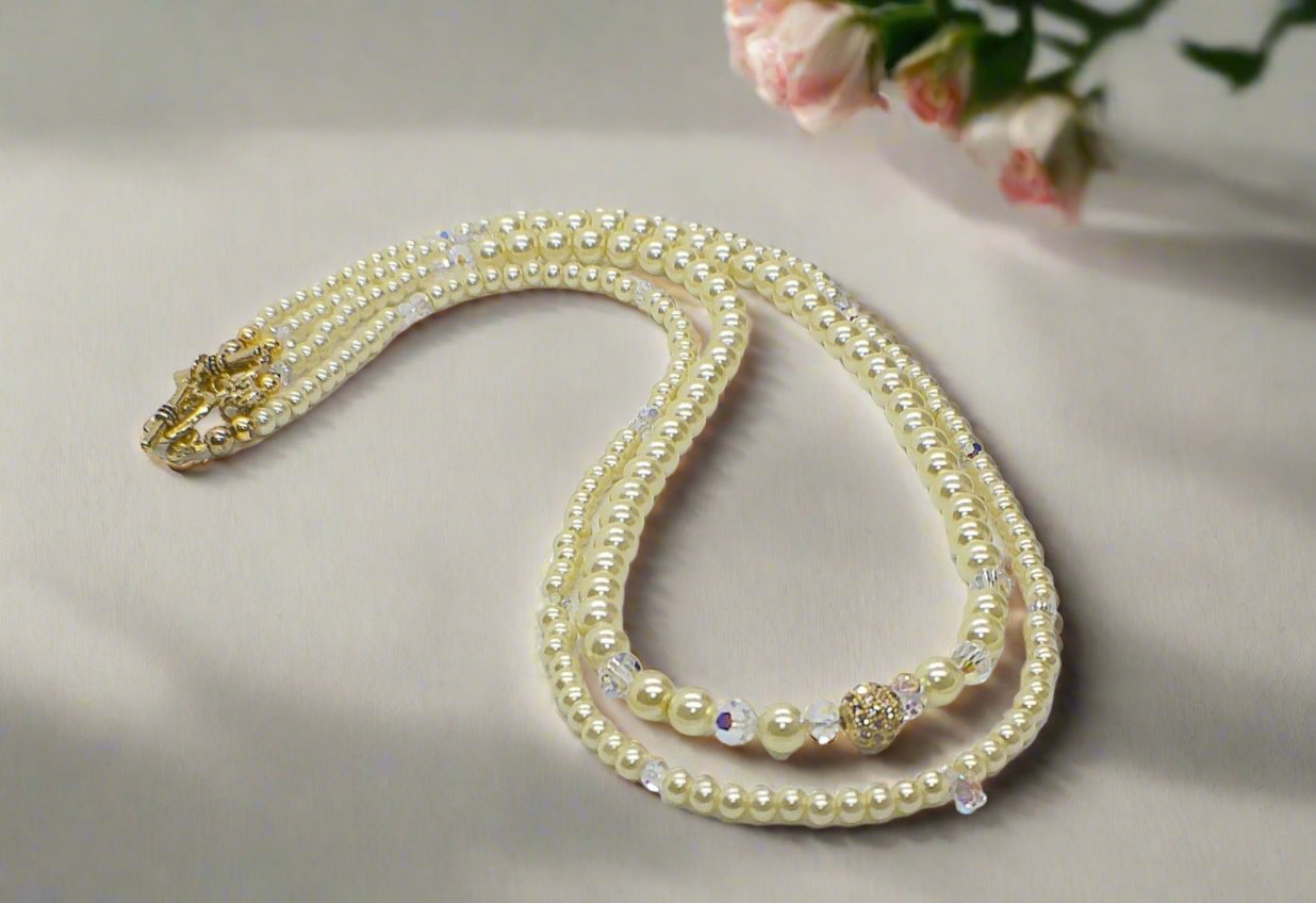 Gorgeous Yellow Pearl Beads,Briolette Crystals, and Cubic Zirconia, One-of-a-Kind Beaded Necklace-handcrafted by Artistry Jewelry