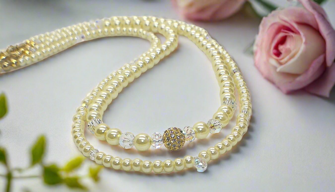 Gorgeous Yellow Pearl Beads,Briolette Crystals, and Cubic Zirconia, One-of-a-Kind Beaded Necklace-handcrafted by Artistry Jewelry