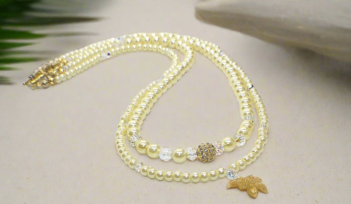 Gorgeous Yellow Pearl Beads,Briolette Crystals, and Cubic Zirconia, One-of-a-Kind Beaded Necklace-handcrafted by Artistry Jewelry