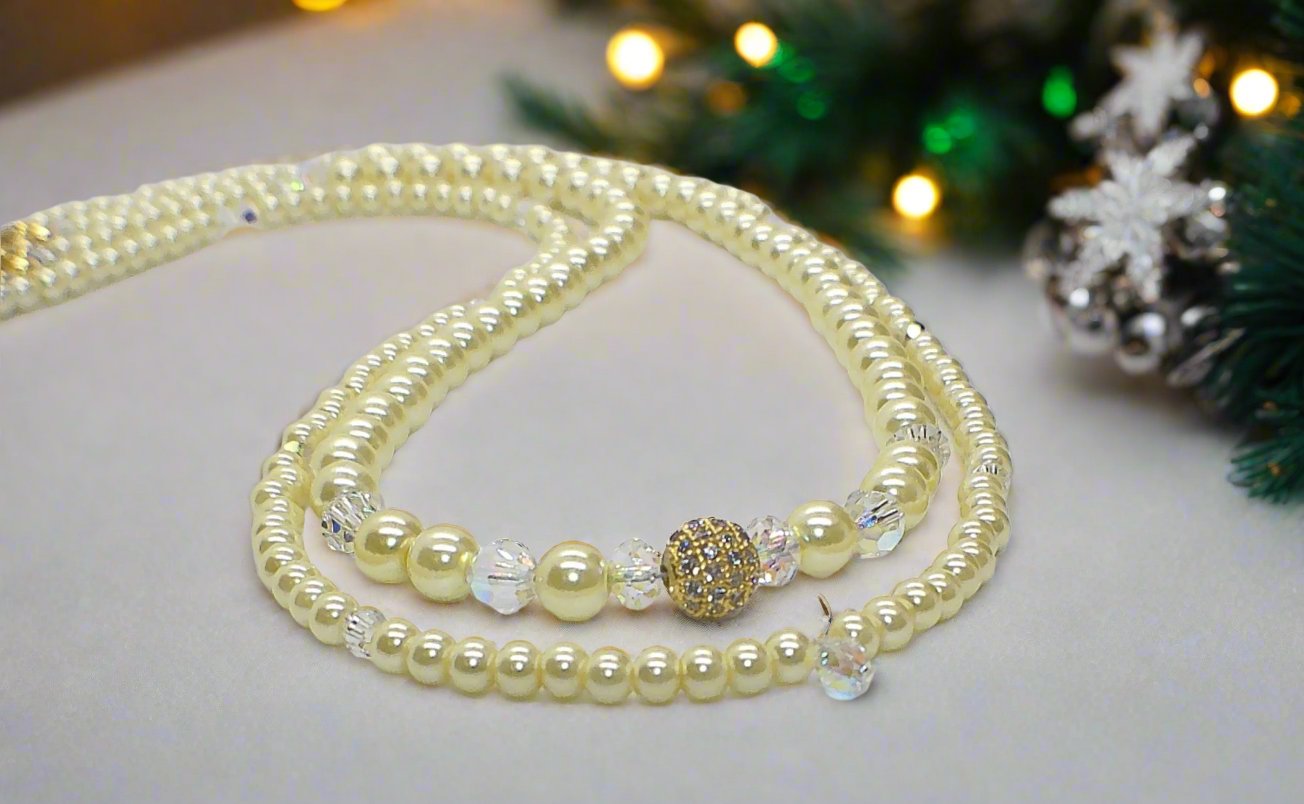 Gorgeous Yellow Pearl Beads,Briolette Crystals, and Cubic Zirconia, One-of-a-Kind Beaded Necklace-handcrafted by Artistry Jewelry