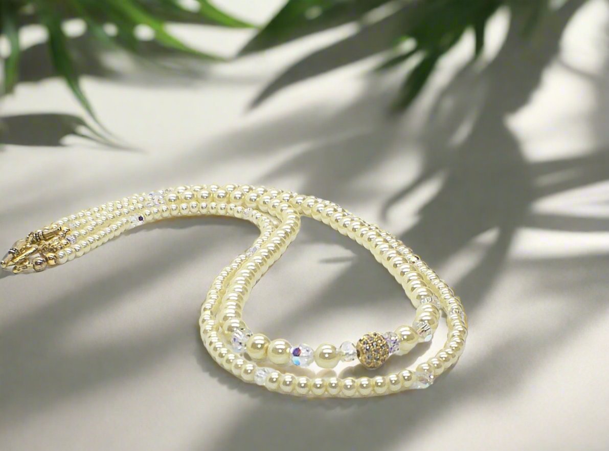 Gorgeous Yellow Pearl Beads,Briolette Crystals, and Cubic Zirconia, One-of-a-Kind Beaded Necklace-handcrafted by Artistry Jewelry