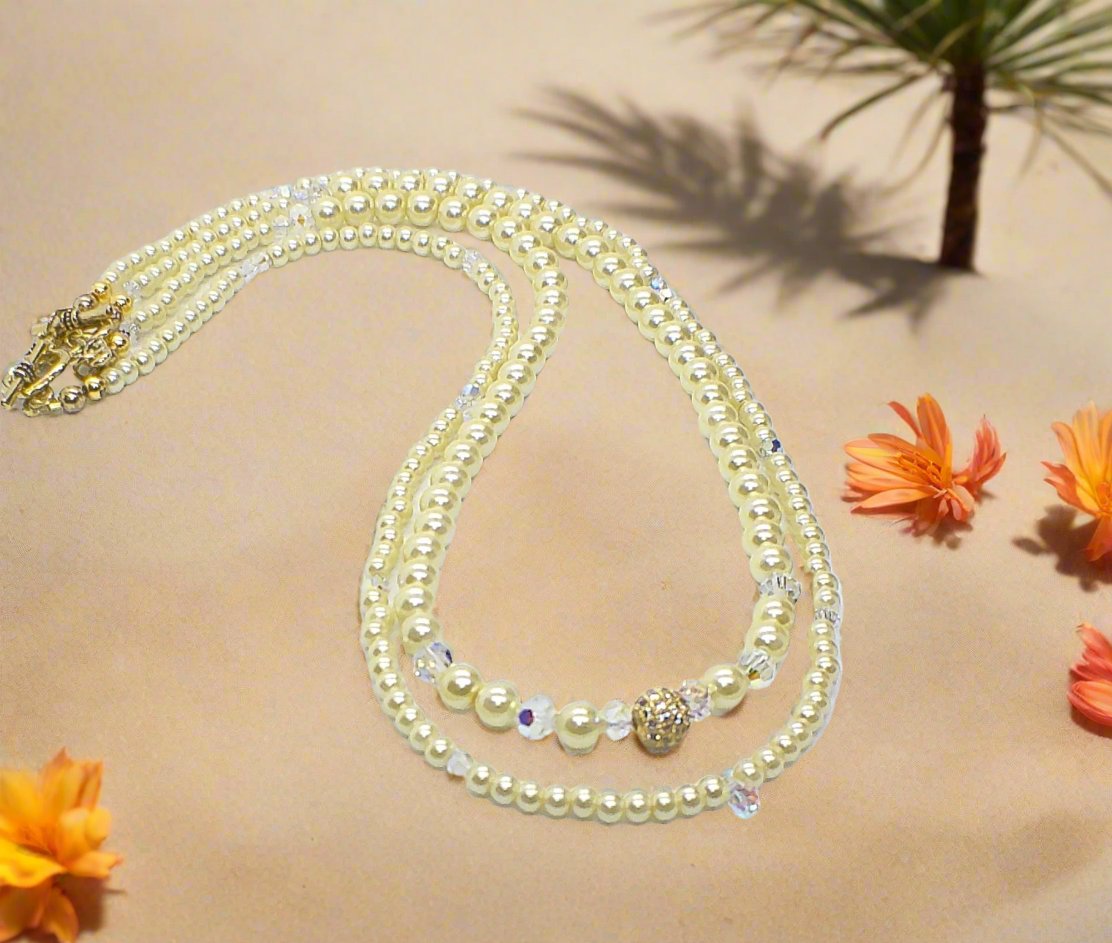 Gorgeous Yellow Pearl Beads,Briolette Crystals, and Cubic Zirconia, One-of-a-Kind Beaded Necklace-handcrafted by Artistry Jewelry