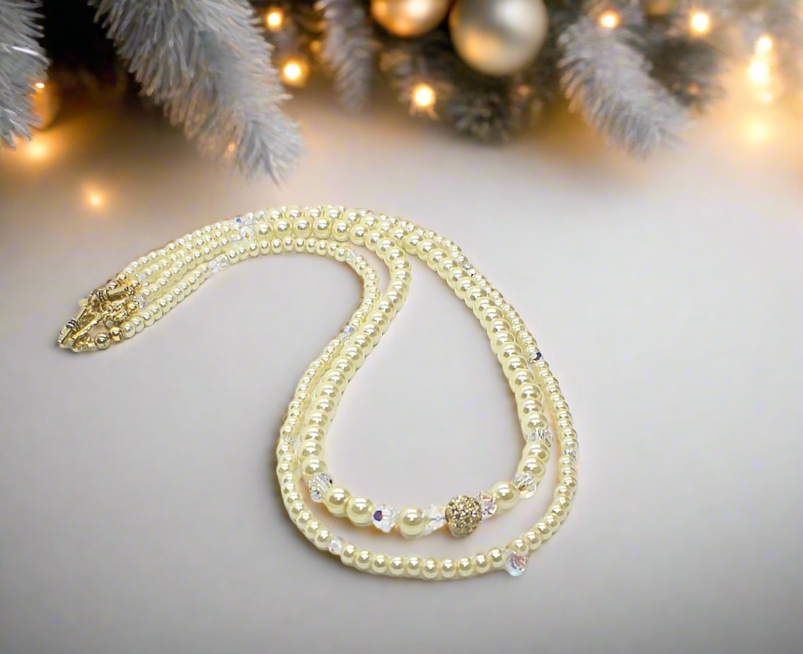 Gorgeous Yellow Pearl Beads,Briolette Crystals, and Cubic Zirconia, One-of-a-Kind Beaded Necklace-handcrafted by Artistry Jewelry