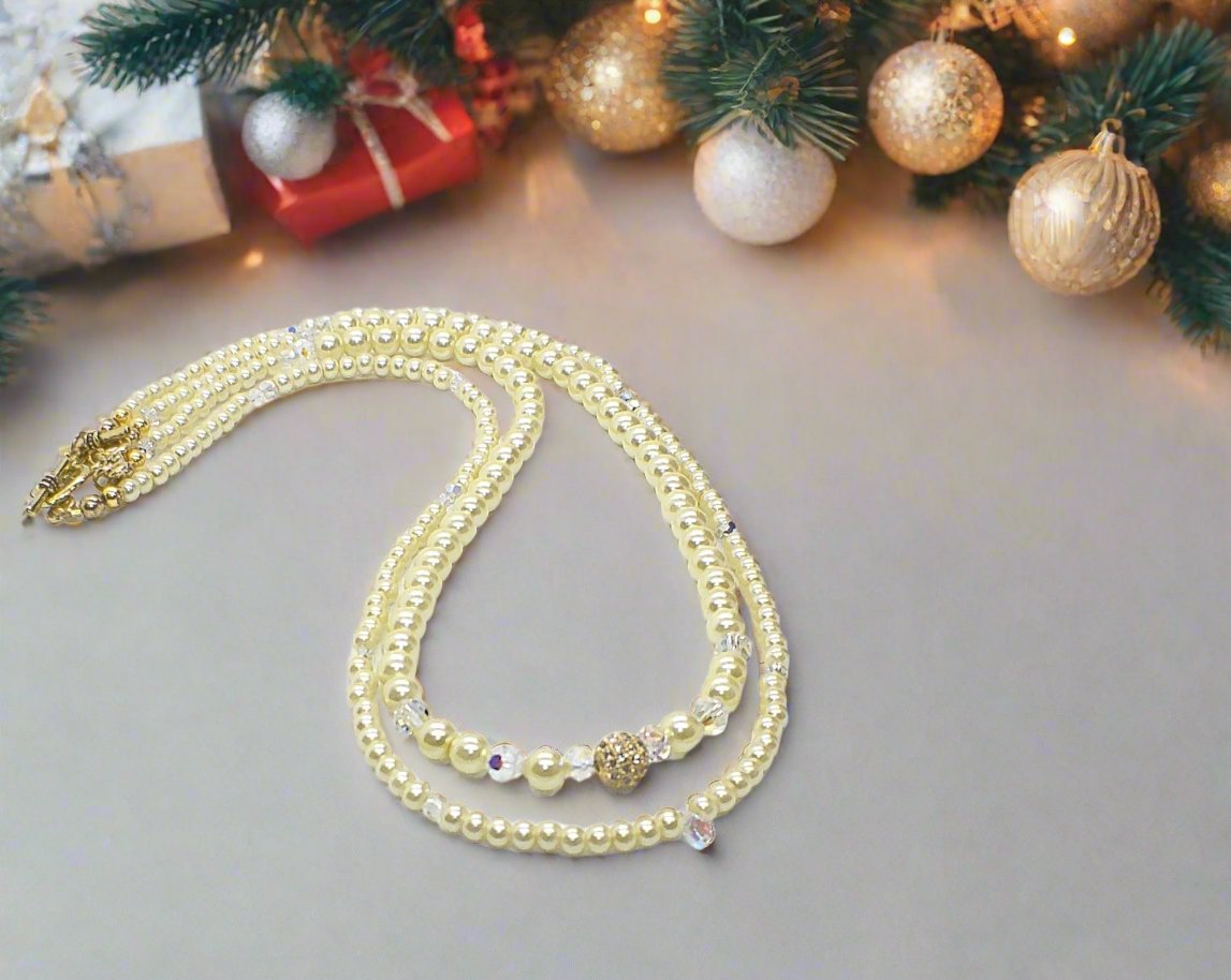 Gorgeous Yellow Pearl Beads,Briolette Crystals, and Cubic Zirconia, One-of-a-Kind Beaded Necklace-handcrafted by Artistry Jewelry