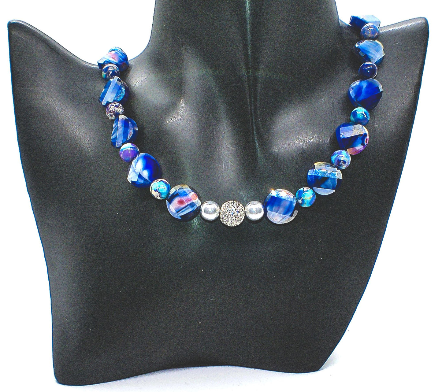 Beautiful Sea Blue Jasper, Firepolish Blue, Silver and Montana Blue, Beaded Necklace handcrafted by Artistry Jewelry