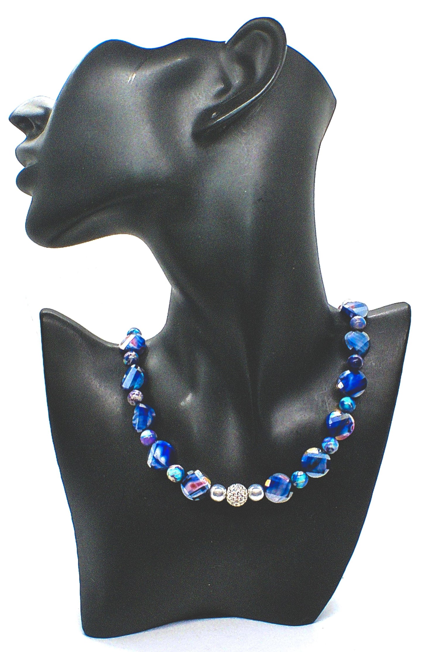 Beautiful Sea Blue Jasper, Firepolish Blue, Silver and Montana Blue, Beaded Necklace handcrafted by Artistry Jewelry