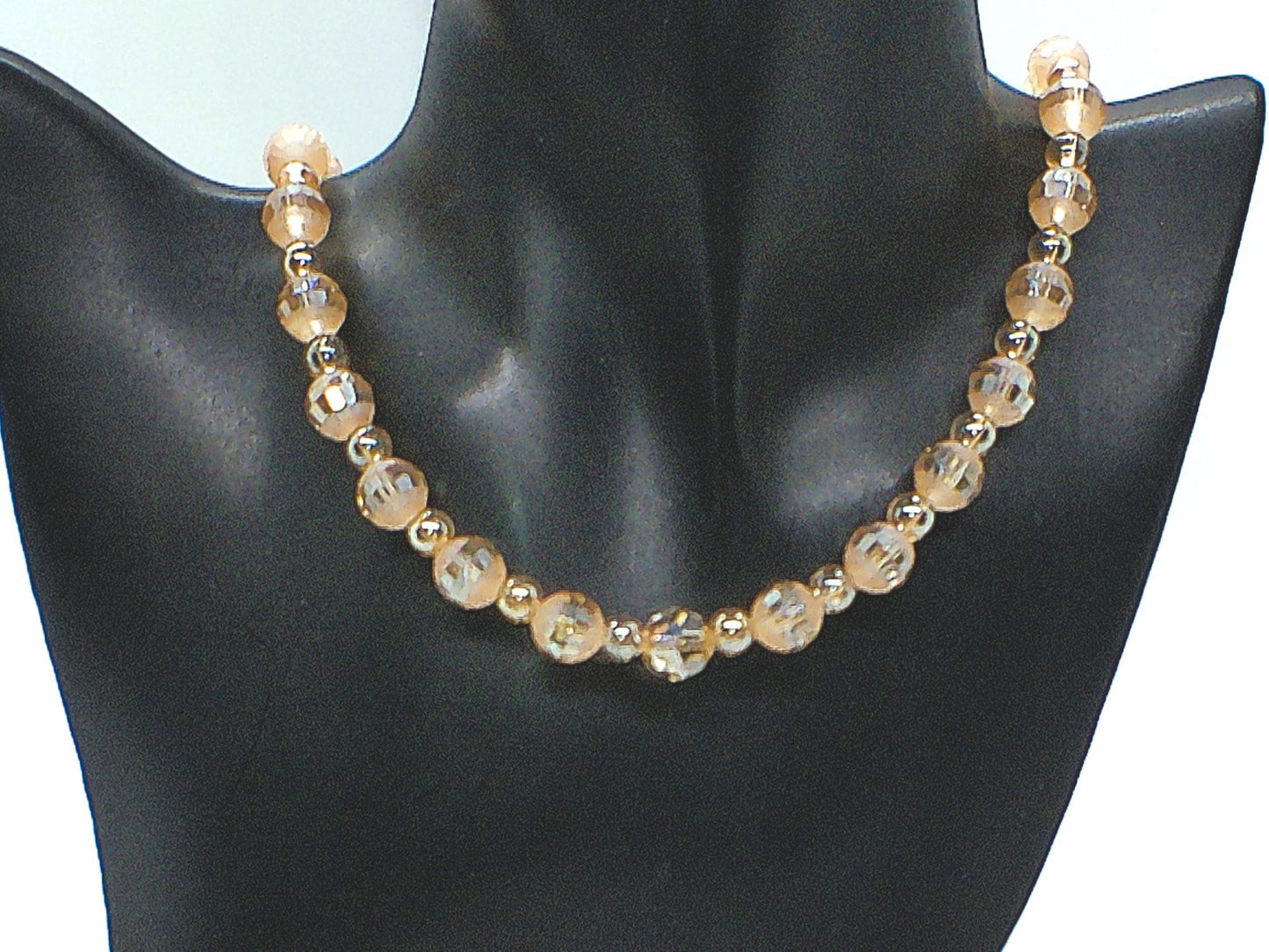 Beautiful Peach/Amber, Crystal and Cream, Golden Shadow Beaded Necklace Set handcrafted by Artistry Jewelry