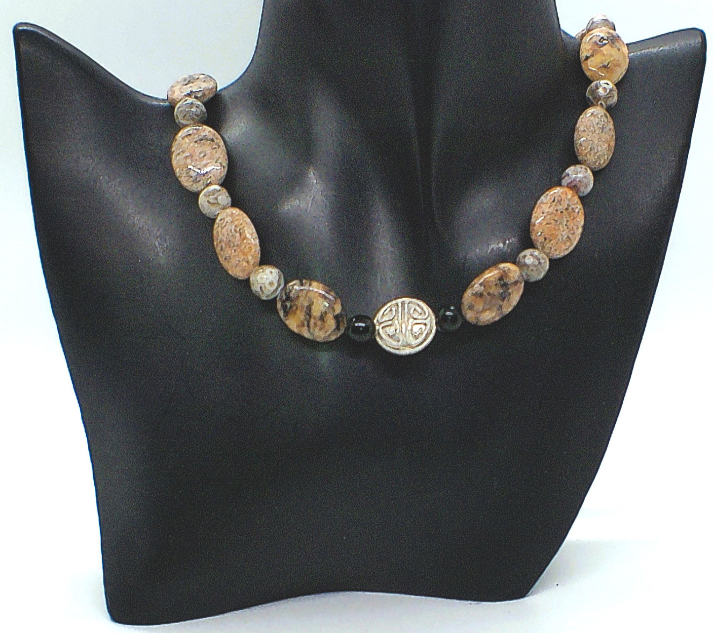 Lovely Pink Feldspar & Maifanite Jasper, Black, brown, Gray, Semi-precious, Beaded Necklace handcrafted by Artistry Jewelry