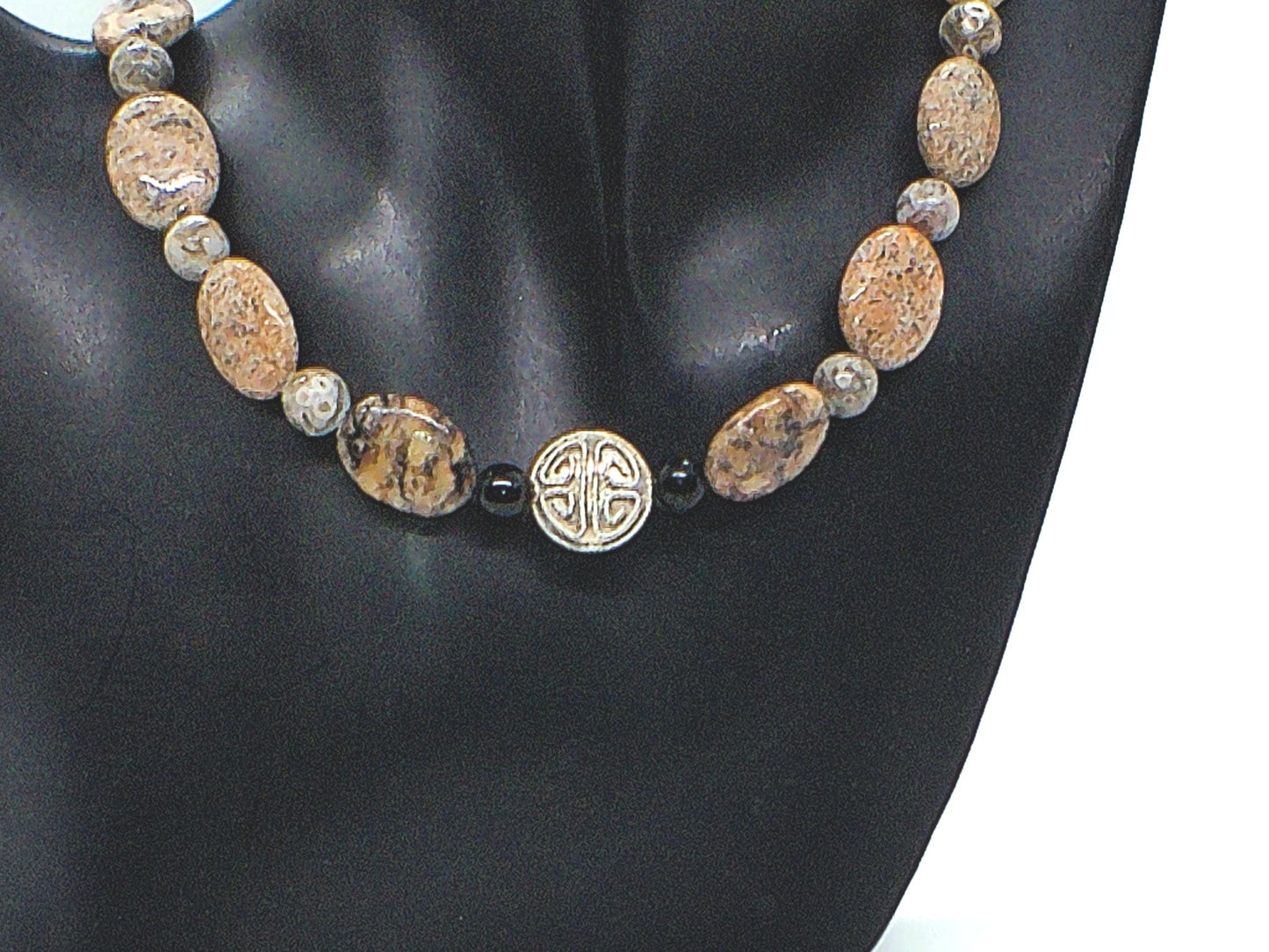 Lovely Pink Feldspar & Maifanite Jasper, Black, brown, Gray, Semi-precious, Beaded Necklace handcrafted by Artistry Jewelry