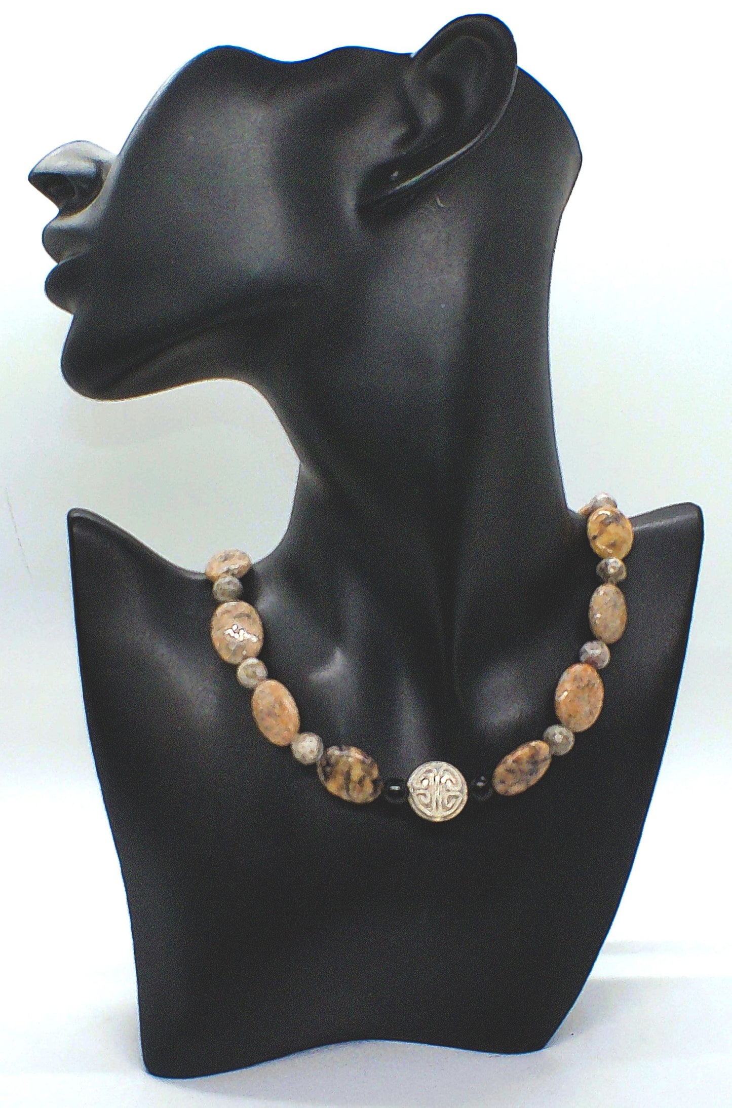 Lovely Pink Feldspar & Maifanite Jasper, Black, brown, Gray, Semi-precious, Beaded Necklace handcrafted by Artistry Jewelry